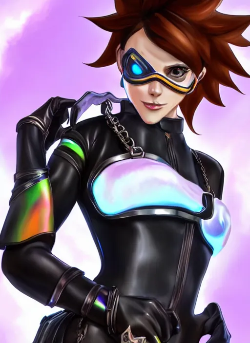 Image similar to full body digital artwork of tracer overwatch, wearing black iridescent rainbow latex, 4 k, expressive happy smug expression, makeup, in style of mark arian, wearing detailed black leather collar, wearing chains, black leather harness, leather cuffs around wrists, detailed face and eyes,