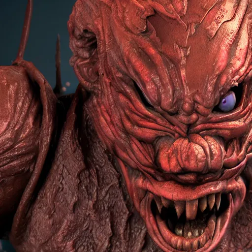 Image similar to disneys goofy demon. eldenring boss, zbrush, arnold render, unrealengine 5, dark souls, horror, extremely detailed