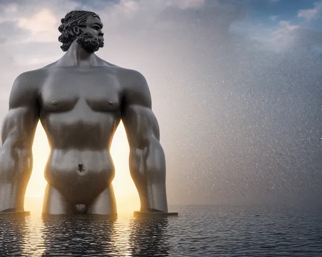 Image similar to a giant abstract sculpture of a legendary greek warrior god on the water, in the style of antony gormley, award winning, cinematic, hyper - realistic, very detailed, realistic water splashes, ray tracing, 8 k resolution, long - shot, sharp focus, low angle, 8 5 mm photograph, wide lens