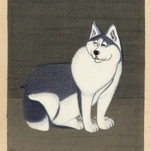 Image similar to Husky siberiano, Itō Jakuchu, 1790, hanging out with gray cat, drums