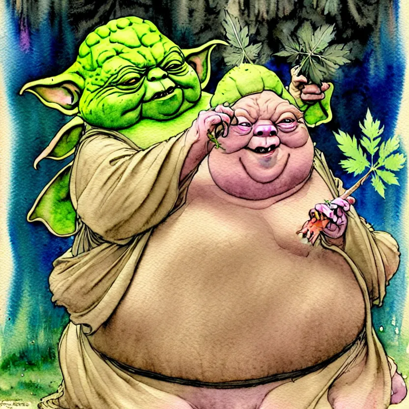 Image similar to a realistic and atmospheric watercolour fantasy character concept art portrait of a fat yoda with pink eyes smiling and holding a blunt with a pot leaf nearby, by rebecca guay, michael kaluta, charles vess and jean moebius giraud