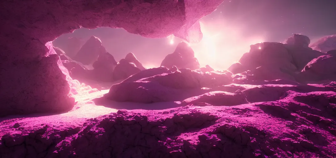 Prompt: surreal scene, octane render, crystalline landscape, purple glow, dramatic lighting, wide angle, vibrant, focus, 3 d artstation render, unreal engine