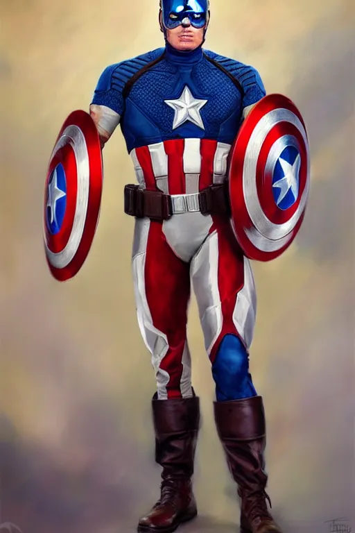 Prompt: hyperrealistic full body concept art of Donald Trump as Captain America, oil on canvas, in the style of J.C. Leyendecker, Ross Tran and WLOP, 4k, smooth, sharp focus, extremelydetailed