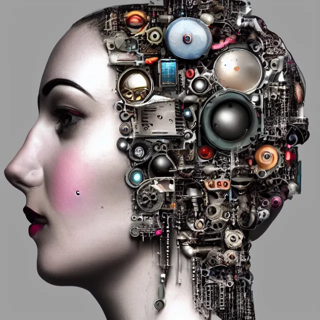 Image similar to profile portrait of a woman, computer parts, mechanical parts, by giuseppe arcimboldo, cyberpunk, futuristic, psychedelic, surreal, sci - fi, dreamlike.