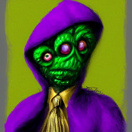 Prompt: a green tennis ball monster in a purple pimp coat, black and gold, digital art, fantasy, magic, chalk, trending on artstation, ultra detailed, professional illustration by basil gogos