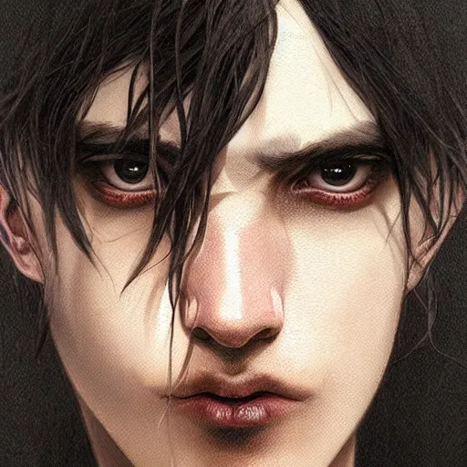 Prompt: kinda sleep deprived emo man with a star tattoo on his face, highly detailed, sharp focus, artstation, digital painting, by artgerm and greg rutkowski and alphonse mucha