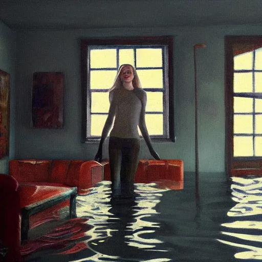 Prompt: painting of Elle Fanning in a flooded house interior, precisionism style