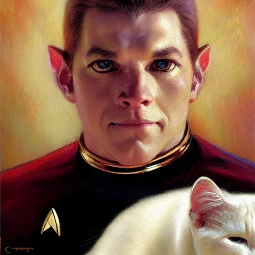 Image similar to a portrait of a man white cat feline star trek the next generation. highly detailed painting by gaston bussiere, craig mullins, j. c. leyendecker, furry