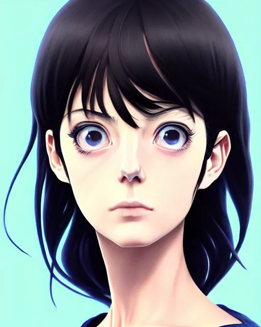 Image similar to portrait Anime kaya scodelario, skins, cute-fine-face, black-hair, blue eyes, pretty face, realistically shaded, Perfect face, fine details. Anime. skins, realistic shaded lighting by Ilya Kuvshinov, katsuhiro otomo, ghost-in-the-shell, magali villeneuve, artgerm, rutkowski, WLOP