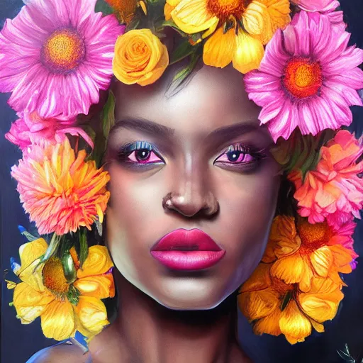 Prompt: super realistic painting of a black woman combined with flowers, colorful, highly detailed, 4k, trending on artstation