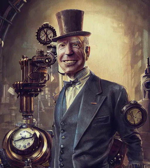 Prompt: portrait of steampunk joe biden cosplaying, by wlop, by simon stalengrad, by ilya repin, bioshock screenshot, photorealistic fan art, detailed shading, intricate abstract, steampunk