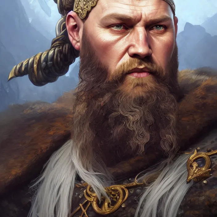 Image similar to excellent painted portrait of the ancient viking emperor of the northlands, character artwork, 8k resolution artwork, trending on artstation, detailed oil painting portrait, art by artgerm and greg rutkowski and alphonse mucha and craig mullins and James Jean and Andrei Riabovitchev and Marc Simonetti and peter mohrbacher