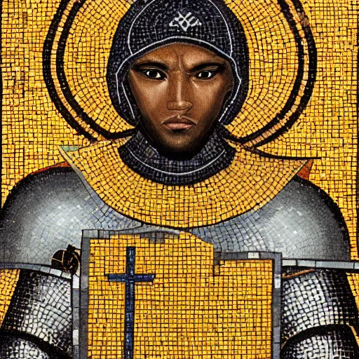 Prompt: realistic portrait of a black crusader knight in a byzantine mosaic, very detailed, very realistic, elegant, top art, renowed artwork