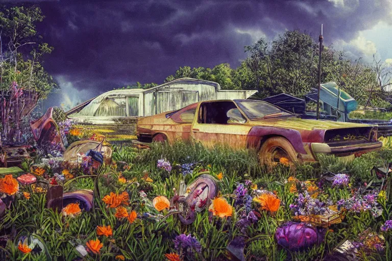 Image similar to hyperrealism, scene from church, thunderstorm, starship, junkyard, louisiana swamps, orange blooming flowers garden, 8 k, 8 0 s japanese sci - fi books art