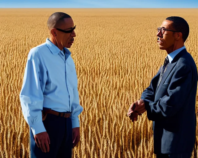 Image similar to extreme long shot of walter white and gustavo fring stand facing each other from a distance in a wheat field, low angle, side view, 8 5 mm photograph, 8 k resolution, wide shot, sharp lens