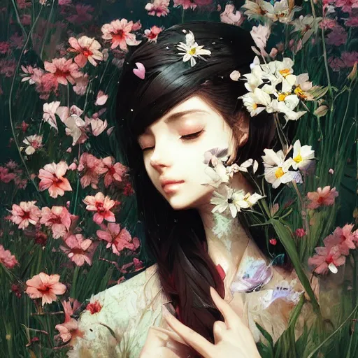 Image similar to kittens in flowers, intricate complexity, by greg rutkowski, artgerm, ross tran, conrad roset, takato yomamoto, ilya kuvshinov. 4 k, beautiful, cinematic dramatic atmosphere