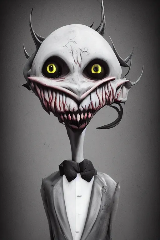 Image similar to creepy demon in a suit, tim burton, detailed, highly detailed, concept art, artstation, comic aesthetic, creepy aesthetic, toon shading, cel shading, substance designer render, substance designer,