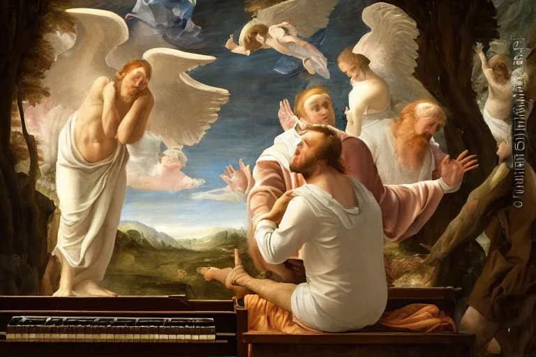 Prompt: A renaissance painting of Mac Miller as an angel playing the piano in Heaven, RIP, Heavenly, Divinity, Hope, Ethereal, Symmetry, Atmospheric Lighting, artstation trending, ladders, angelic, Rendered in Octane, trending on artstation, cgsociety, moody lighting rendered by octane engine, environment 8K artstation, cinematic lighting, intricate details, 4k detail post processing, hyperrealistic, ultra detailed cinematic