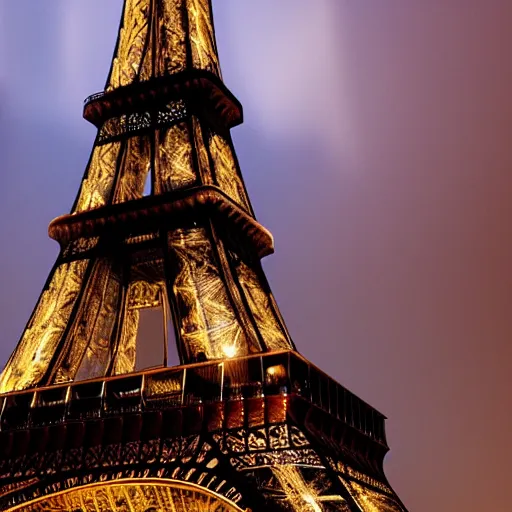 Image similar to an oil painting of the eiffel tower on a dark stormy evening utilizing volumetric lighting