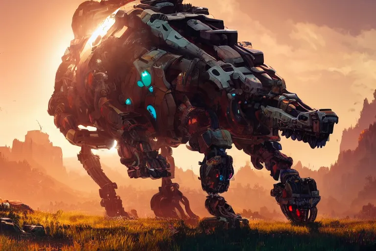 Image similar to snapmaw machine mecanical creature robot of horizon forbidden west horizon zero dawn radiating a glowing aura global illumination ray tracing hdr fanart arstation by ian pesty and alena aenami artworks in 4 k