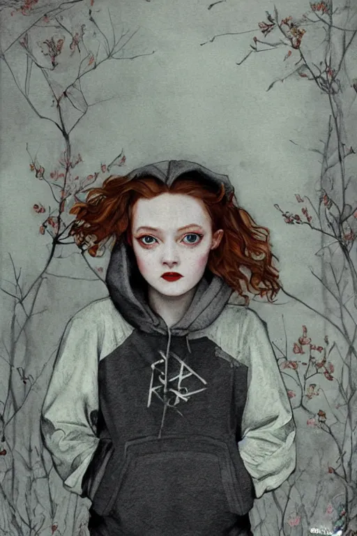 Image similar to sadie sink in a hoodie, 1 9 2 0 s fashion, fantasy, art by ayami kojima, vasnetsov, cedric peyravernay