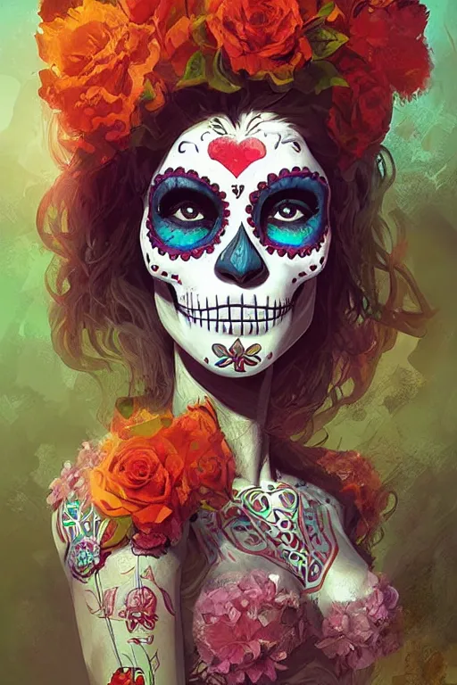 Prompt: Illustration of a sugar skull day of the dead girl, art by marc simonetti