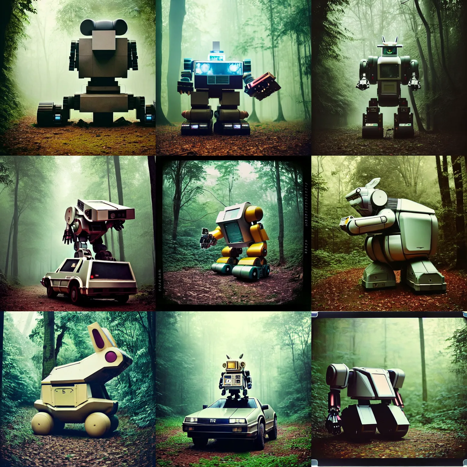 Prompt: low saturation photograph!! giant oversized rabbit robot fusion with robo - mecha - delorean chubby mech transformers, in forest jungle, cinematic focus, polaroid photo, vintage, neutral dull colors, soft lights, foggy, overcast by oleg oprisco, by thomas peschak, by discovery channel, by victor enrich, by gregory crewdson