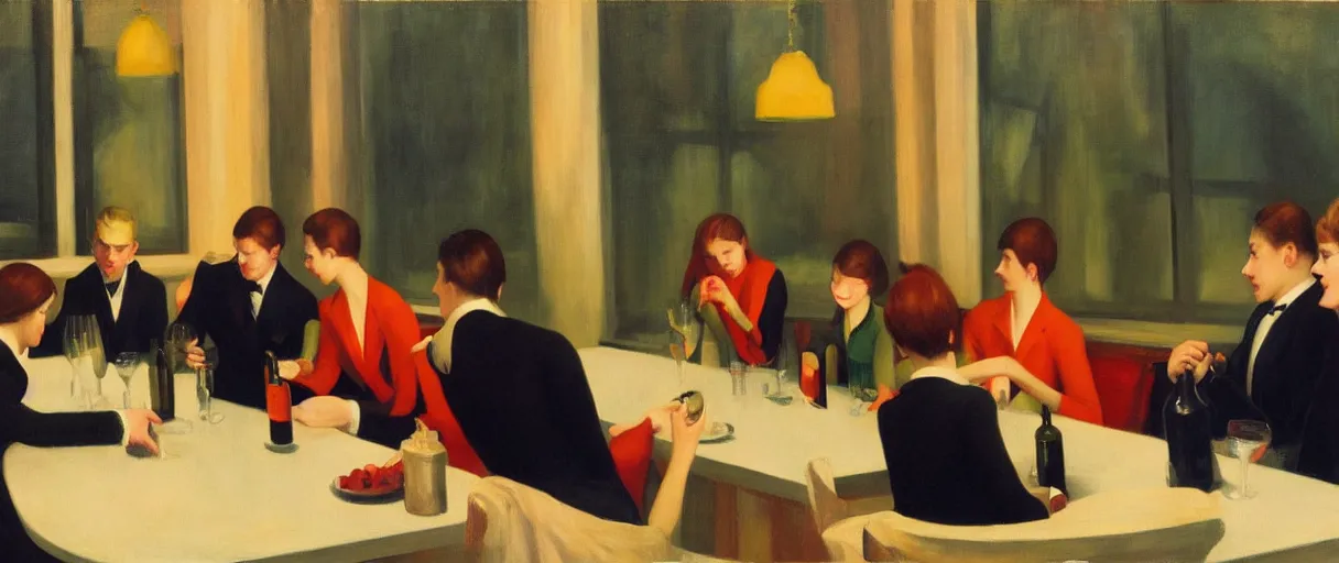 Image similar to an edward hopper painting of a young gen z group of friends having wine at a dinner party