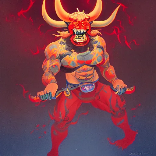 Prompt: a vibrant painting of japanese oni demon with glowing red horns, ominous, magic details, by moebius, edward hopper, james gilleard, and james jean, hd, 8 k, trending on artstation, uhd,