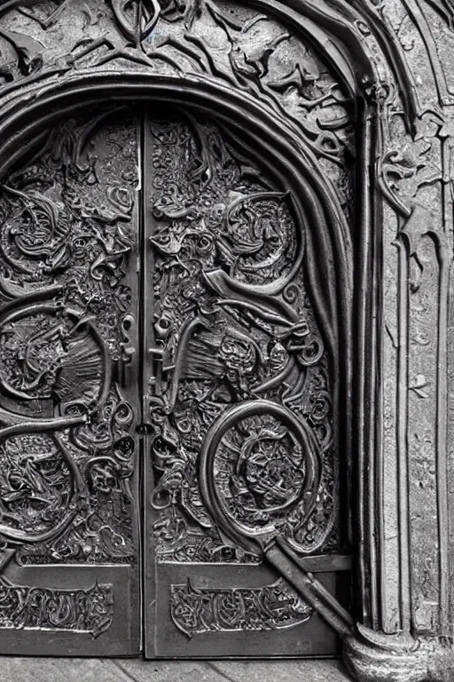 Prompt: a portal gate to hell malde of cast iron. hyper - detailed. ominous shapes. epic. sinister. medieval