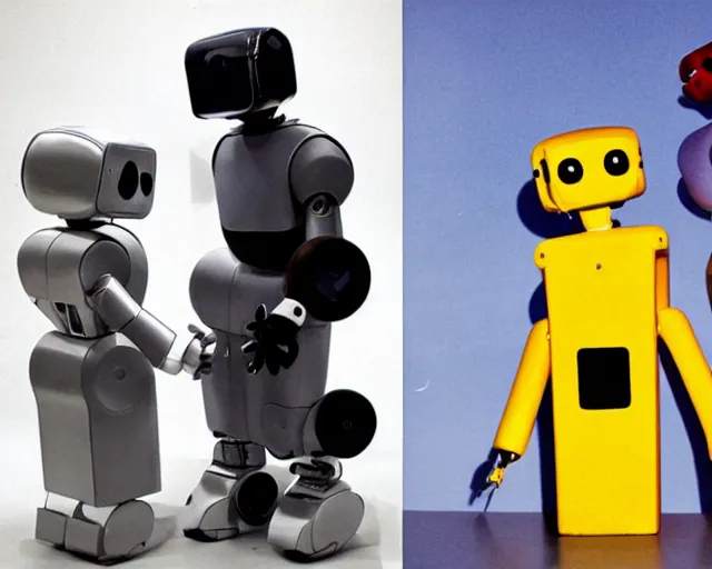 Image similar to middle shot, male and female robots are in love with each other pose for a photo, circa 1 9 8 4