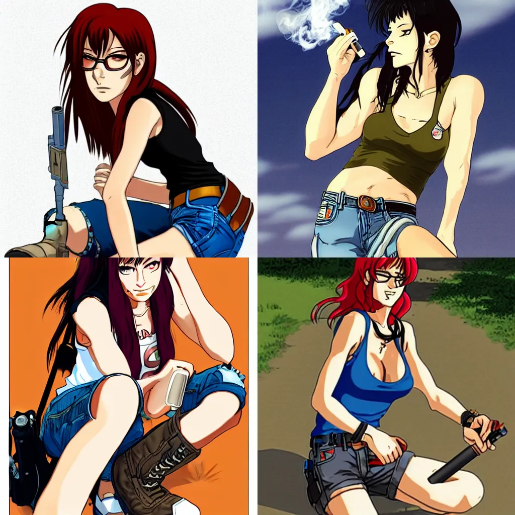 Prompt: Revy from Black Lagoon, smoking a cigarette, Jean shorts boots and white tank top, in the style of Joshua Middleton