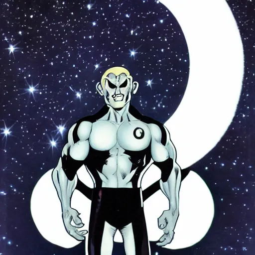 Prompt: comic White Lantern in black and white uniform in space standing infront of the moon,