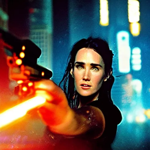 Prompt: jennifer connelly starring in a cyberpunk movie in a distopic futuristic city in the style of bladerunner, firing a gun, muzzle flash, movie still, highly detailed, rainy night, volumetric lights, dramatic, scifi, sharp focus