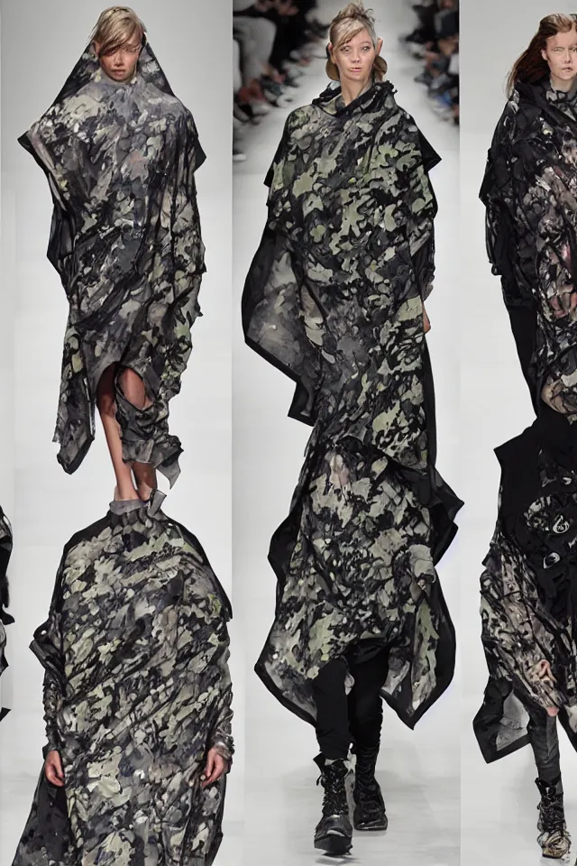 Image similar to fashion design, tactical camouflage poncho by alexander mcqueen and acronym