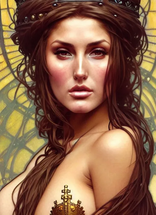 Image similar to lucy pinder as queen, incredibly detailed face, pretty face, light dress, true anatomy, art by artgerm and greg rutkowski and alphonse mucha