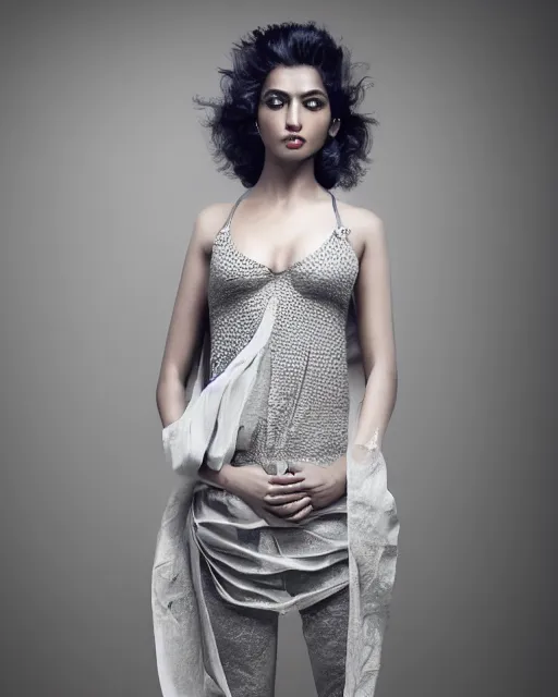 Image similar to a beautiful hyperrealistic ultradetailed, one indian model looking girl in a avant garde clothes on Gray Background for photo, photo studio, studio photography, studio light, photo for magazine, Designer clothes, futuristic clothes, clothes from the future, voge photo, fashion style, fullbody, in full growth, Clear facial features, photorealistic, high resolution, highly detailed, details, good clear quality