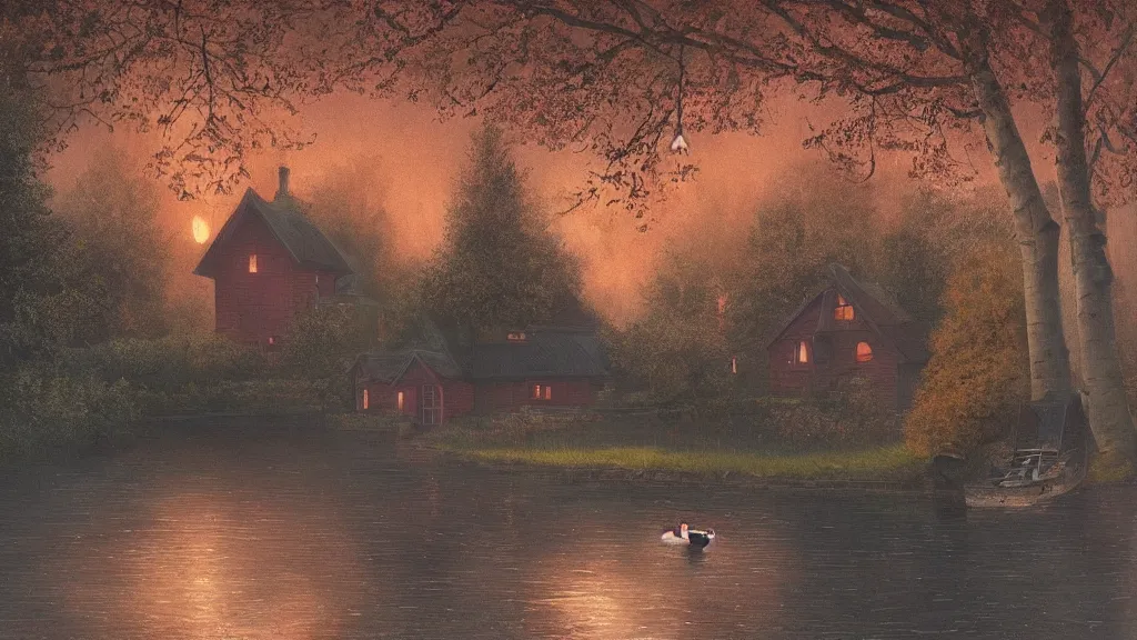 Prompt: small red wooden cottage by the lake, lanterns in the front of the cottage, smoke coming out of the chimney, dusk, birch trees, tranquility, two swans swimming in the lake, a rowing boat, by Greg Rutkowski, by Charlie Bowater