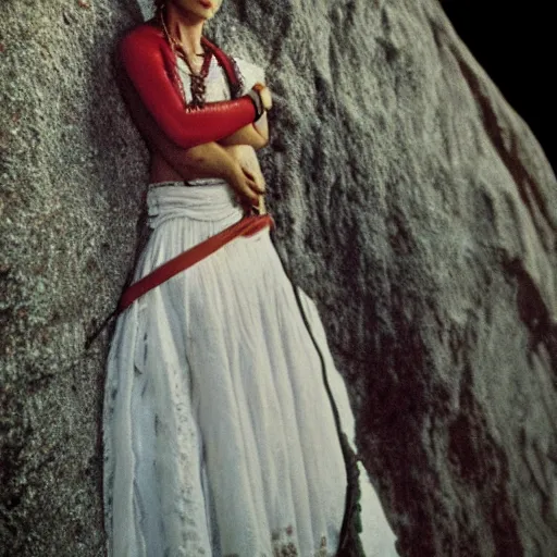 Image similar to Ultra realistic close-up of Frida Kahlo in a wedding dress rock climbing a steep wall, hd