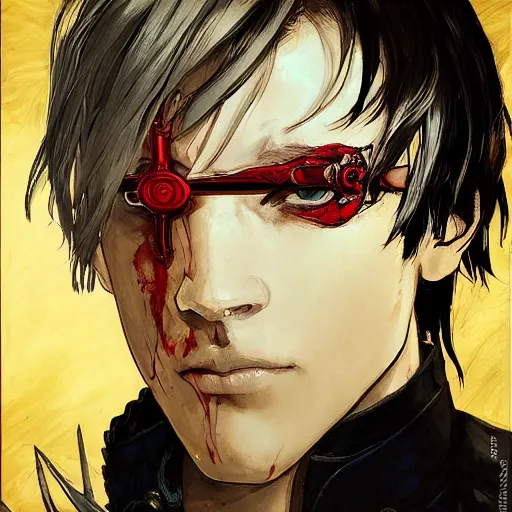 Image similar to portrait of a young white hero using his right arm to hold his sword covering his eye by yoji shinkawa, high quality, extra details, realism, ornate, colored, golden chain, blood, white skin, short hair, brown eyes, vivid, sunlight, red headband, black eyepatch, white american soldier, painting, cybernetics, military