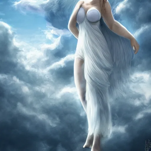 Prompt: a colossal goddess wearing a cloud fashion is looking on us from above, creative, albino skin, giant, digital art, photo manipulation, clouds, covered in clouds, girl clouds, covered by clouds, white hair, digital painting, artstation