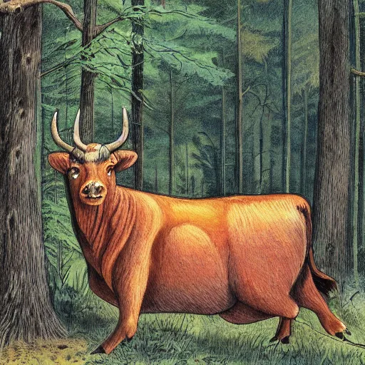 Image similar to an aurochs walking though a forest. illustration. nature illustration. textbook illustration.