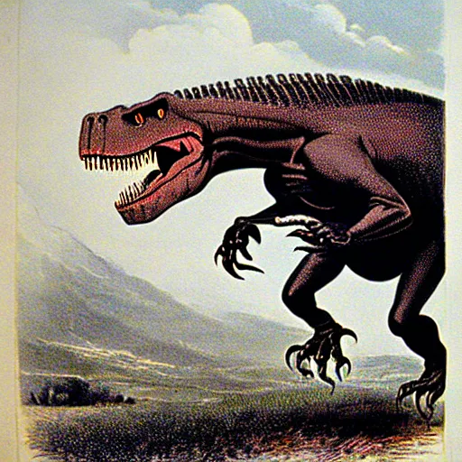 Image similar to antique lithograph from 1 9 0 0 of mr t as a tyrannosaurus rex, running in a field