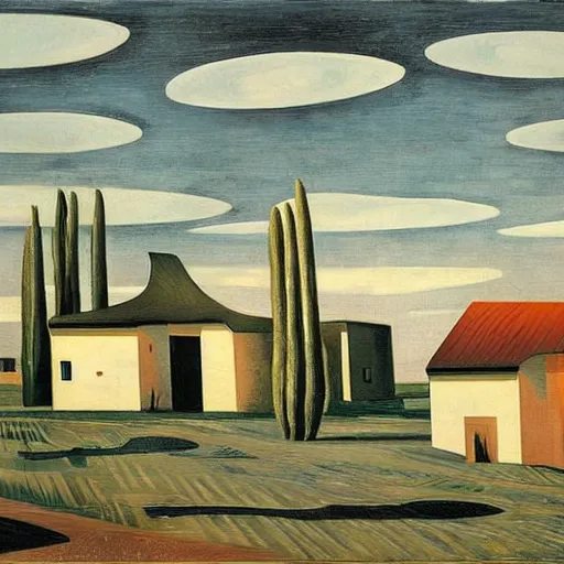 Image similar to dreaming futuristic rural landscape with modern houses, painted by Giorgio de Chirico, highly detailed
