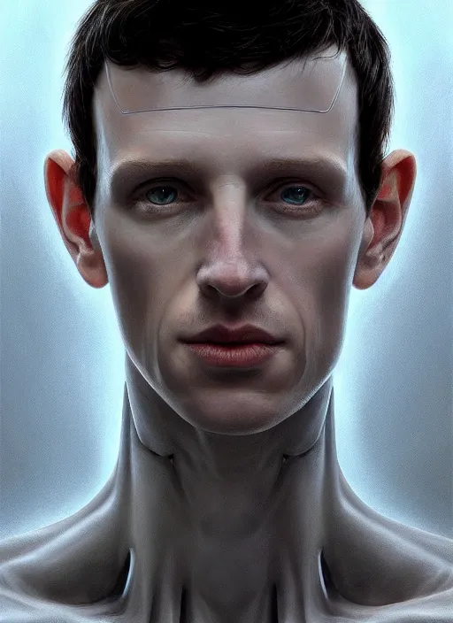 Image similar to mark zukerberg as male android!!!, pale, lifeless, portrait, intricate, elegant, highly detailed, digital painting, artstation, concept art, wallpaper, smooth, sharp focus, illustration, art by h. r. giger and artgerm and greg rutkowski and alphonse mucha