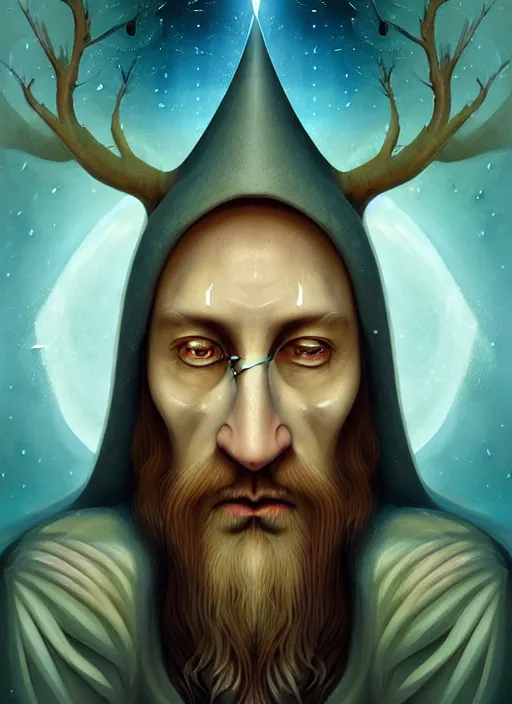 Prompt: matte symmetrical portrait of a wizard of the gaulish tribe revealing the ancient secret of how life entered the cosmos, noble bearing. by hieronymus bosch, cyril rolando, esher and natalie shau, whimsical, profound, impossible. trending on devaintart.