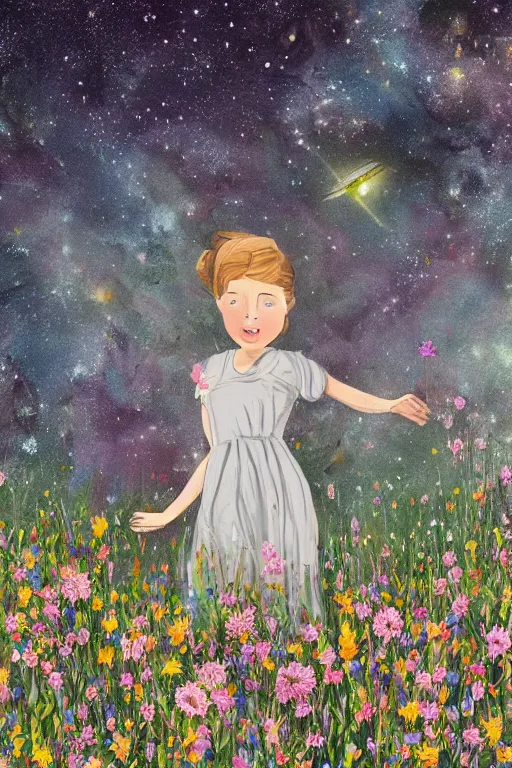 Image similar to illustration of a girl standing in a field of wild flowers gazing up to stars and milkyway, foreshortening