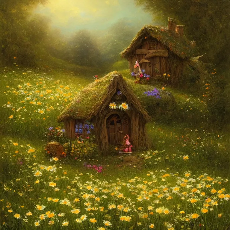 Image similar to a whimsical fairy house in a field of daisies by Justin Gerard, evening light