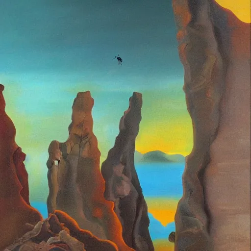 Image similar to An abstract oil painting of rock climbing by Salvador Dali, sunrise, scenic