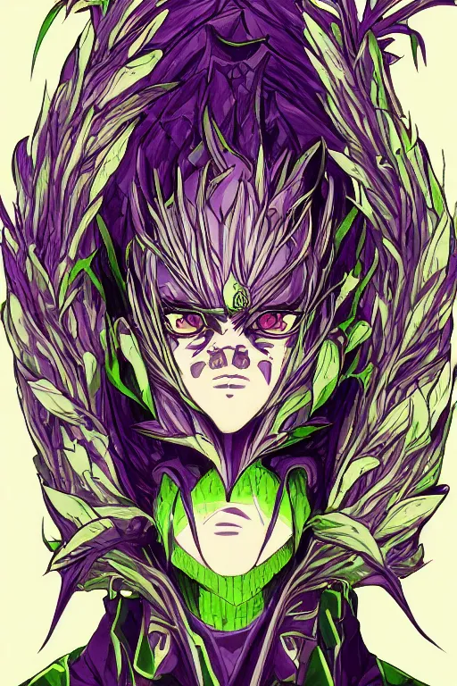 Image similar to cabbage humanoid anime villain, symmetrical, highly detailed, digital art, sharp focus, trending on art station, anime art style